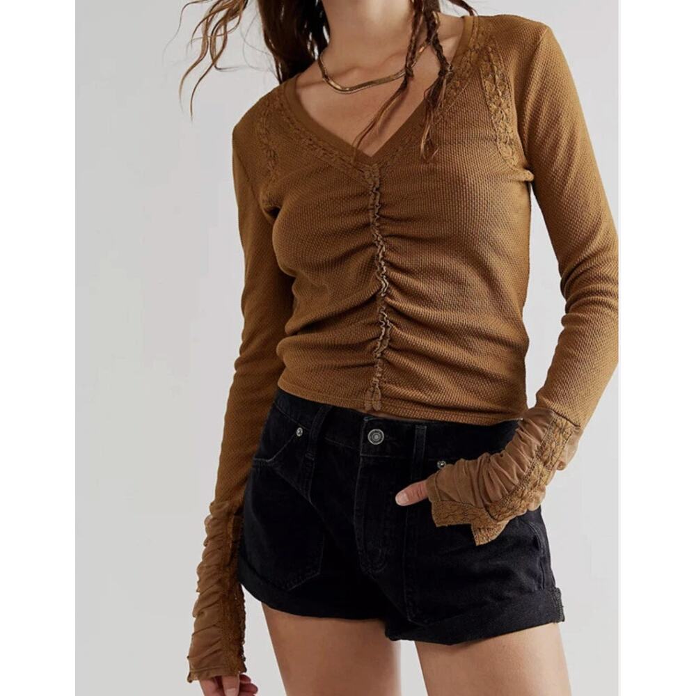 Free People Wear Me Out Thermal Mesh Lace cuff Sleeve Top